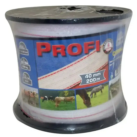 A spool of white profi fencing tape 200m long 40mm wide uv resistant corral profi fencing wire