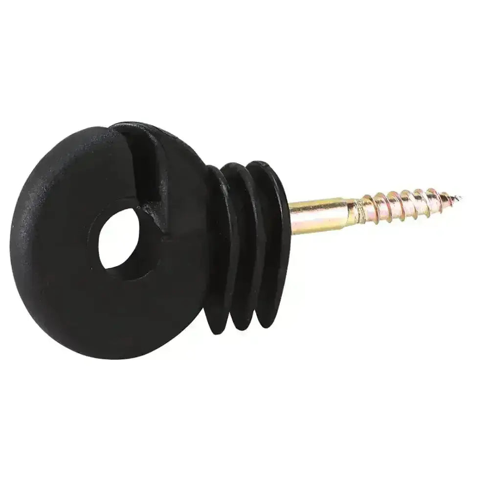 Black plastic corral ring insulator compact screw with central hole and ridged grooves on galvanised 6mm short shaft