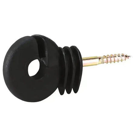 Black plastic corral ring insulator compact screw with central hole and ridged grooves on galvanised 6mm short shaft