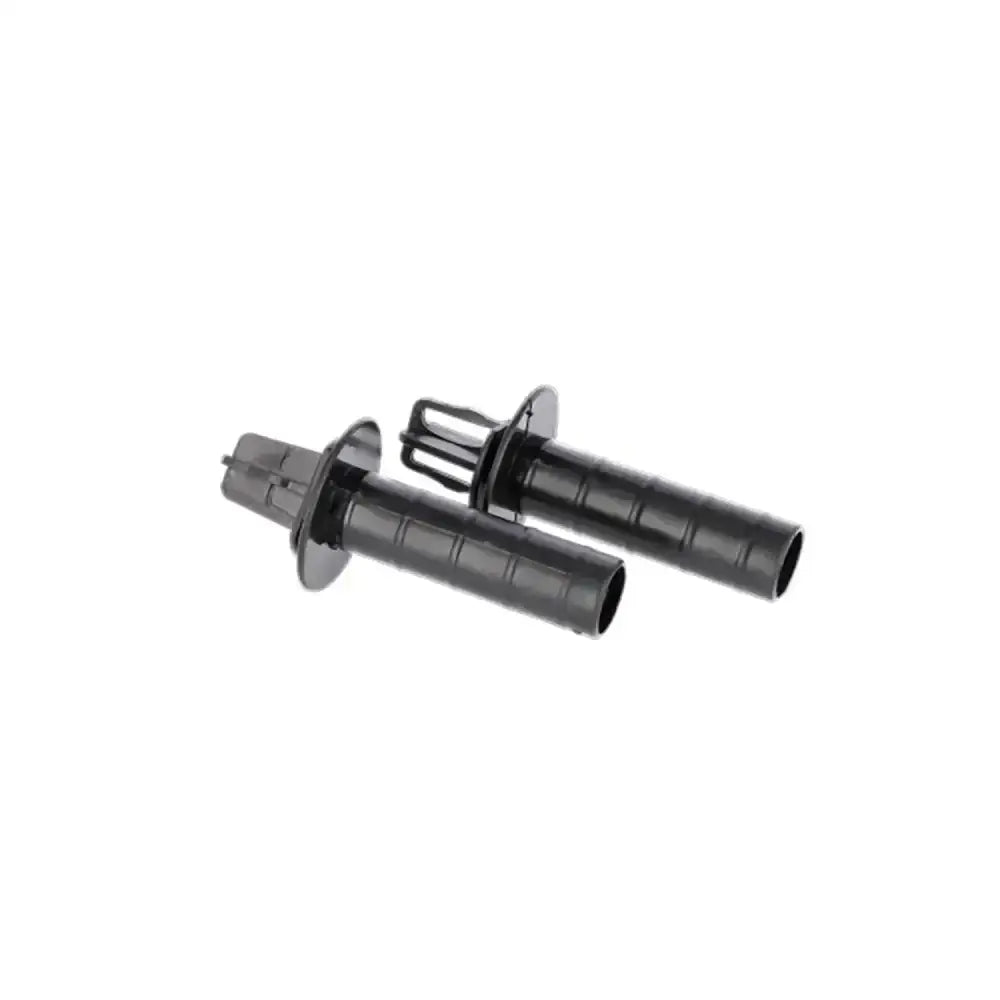 Black plastic handle grips with ribbed texture and circular end caps for corral roll aid fence coils roll aid set