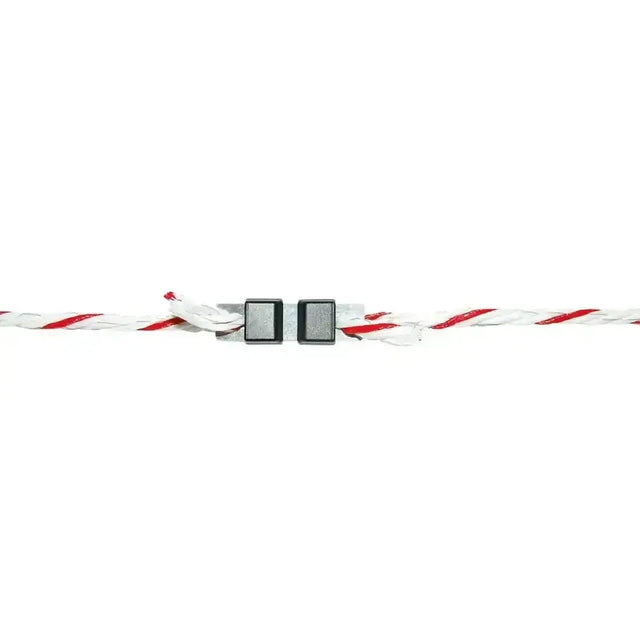 Red and white striped corral rope connector litzclip galvanised 5mm with black plastic buckle for secure fastening