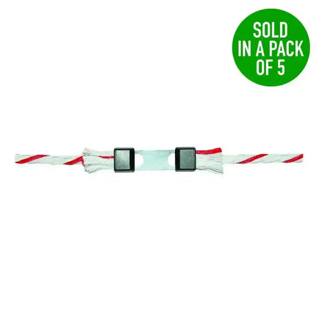 Red and white striped corral rope connector litzclip with black plastic clasps and stainless steel 6mm fittings
