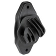 Black plastic corral rope insulator cord with ribbed surface and two mounting holes for heavy duty use