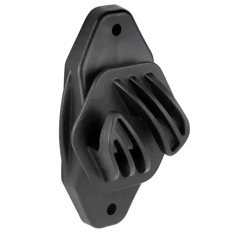 Black plastic corral rope insulator cord with ribbed surface and two mounting holes for heavy duty use