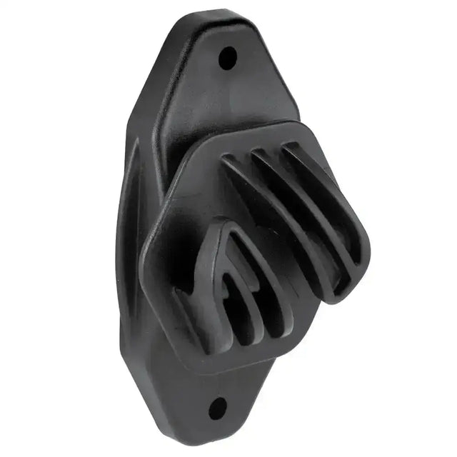 Black plastic corral rope insulator cord with ribbed surface and two mounting holes for heavy duty use
