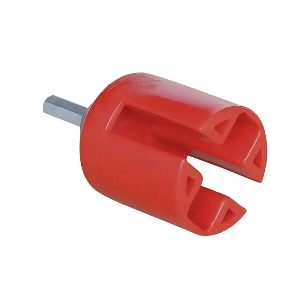 Red plastic corral screwdriver with a metallic hex shaft for clip insulator use in equestrian settings