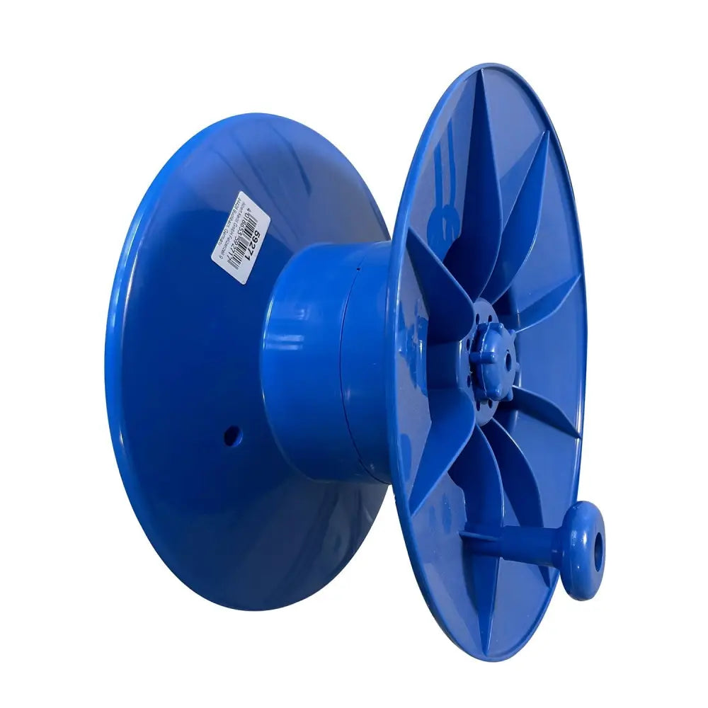 Blue plastic corral spare super reel with star-shaped hub and handle for easy cable management