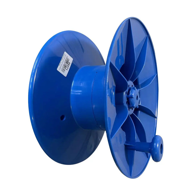 Blue plastic corral spare super reel with star-shaped hub and handle for easy cable management
