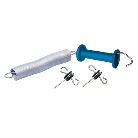 Blue-handled corral spring gate opener with coiled metal spring and dual hooks for electric fencing gate use