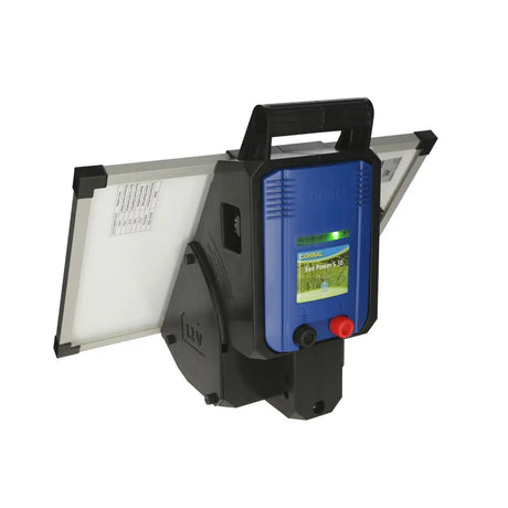 Blue and black corral sun power s30 electric fencing energiser with handle digital display and red power button