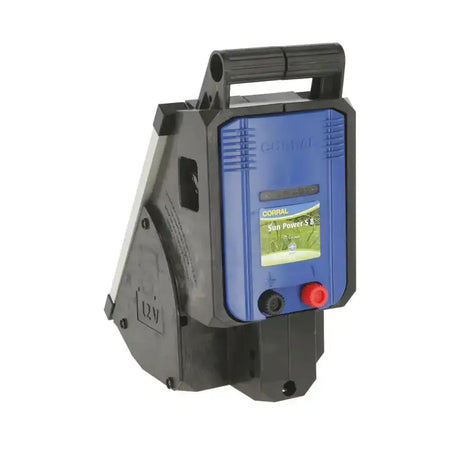 Blue and black corral sun power s8 solar electric fencing unit with red power button for effective solar unit use
