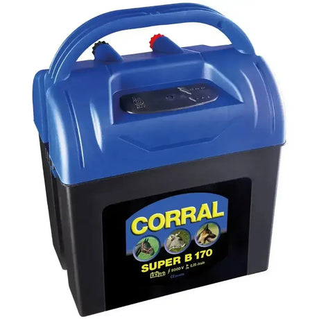 Blue and black corral super b 170 dry battery energiser with handle for easy carry using energiser 9v battery