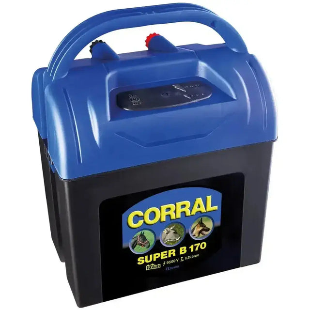 Blue and black corral super b 170 dry battery energiser with handle for easy carry using energiser 9v battery