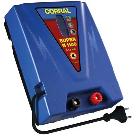 Blue plastic corral super n 1100 efficient mains energiser with red yellow labels black power cord and terminal connector