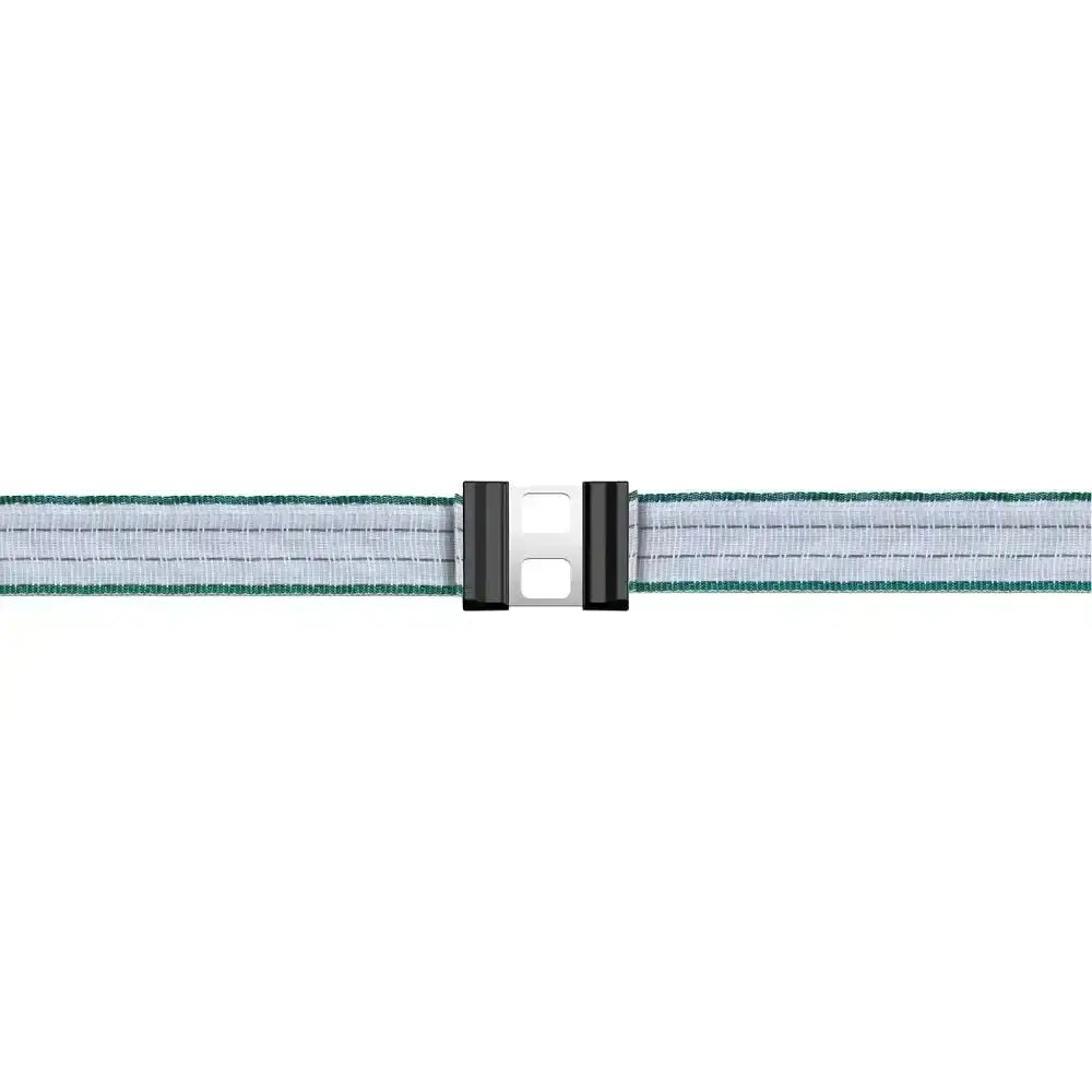 A white and green striped nylon belt with a black silver buckle for corral tape connector litzclip galvanised steel use