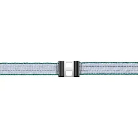 A white and green striped nylon belt with a black silver buckle for corral tape connector litzclip galvanised steel use