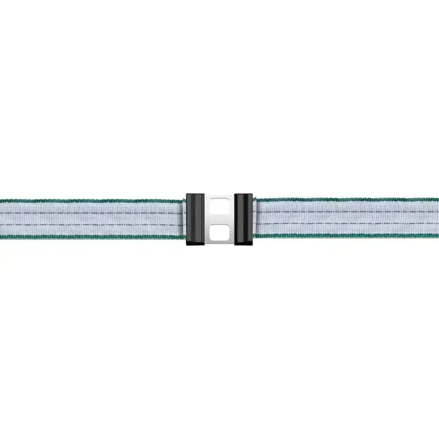 A white and green striped nylon belt with a black silver buckle for corral tape connector litzclip galvanised steel use