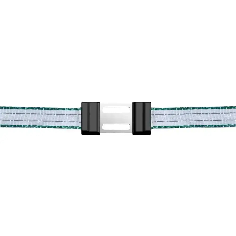 A sleek corral tape connector litzclip stainless steel belt with a translucent white and green striped fabric strap and black silver buckle