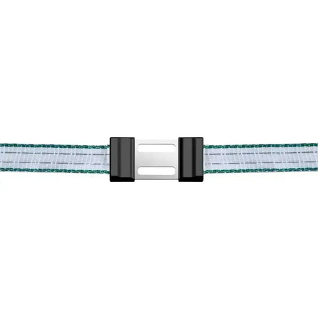 A sleek corral tape connector litzclip stainless steel belt with a translucent white and green striped fabric strap and black silver buckle