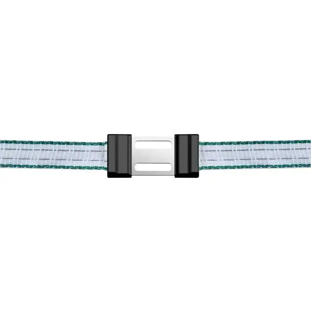 A sleek corral tape connector litzclip stainless steel belt with a translucent white and green striped fabric strap and black silver buckle