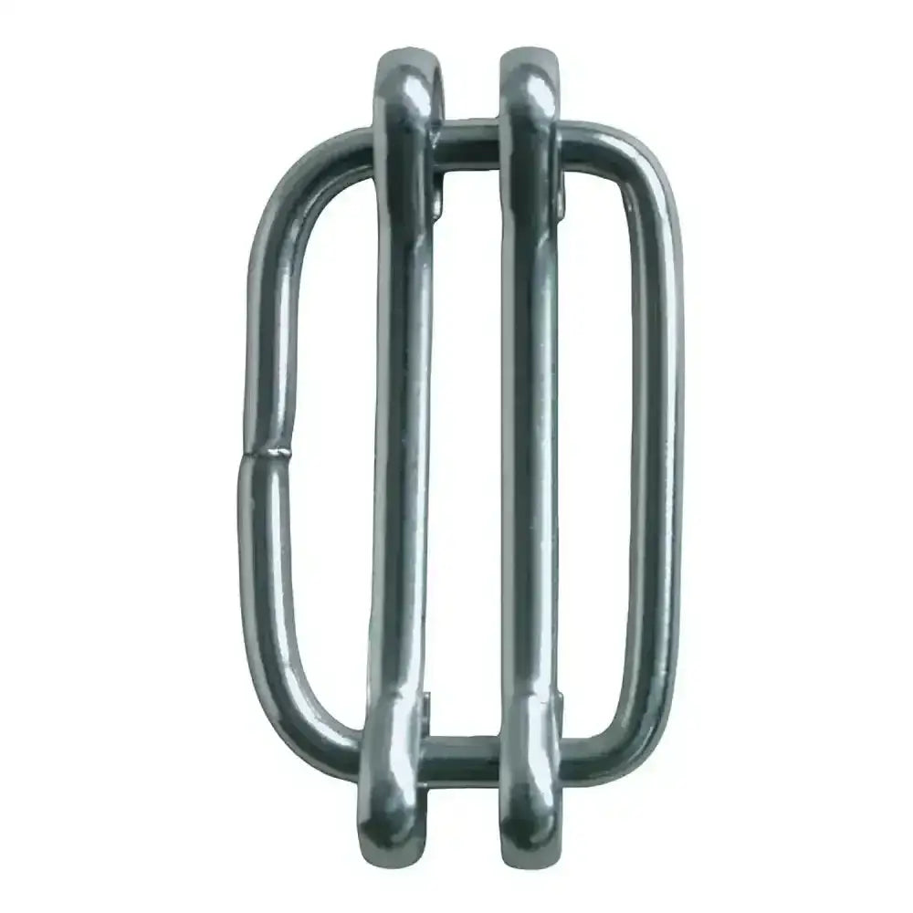 Stainless steel 13mm corral tape connector with double-loop belt buckle and polished sturdy construction