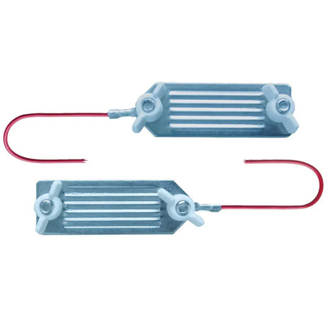 Silver metal radiator-style heating elements with white knobs and red wire hooks for corral tape-to-tape connector electric fencing