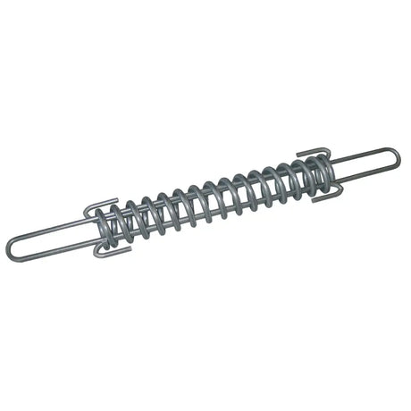 Metallic gray corral tension spring in stainless steel with looped ends for electric fencing and securing uses