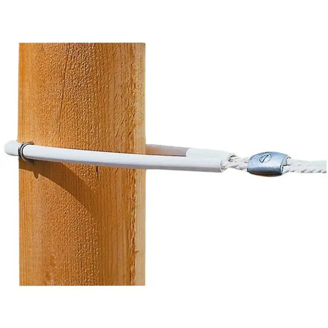 White plastic cable tie with silver metal clamp securing corral tube insulator 60cm on wooden post