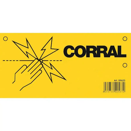 Bright yellow corral warning sign electric with bold black text and two hands crossed graphic for electric fence safety
