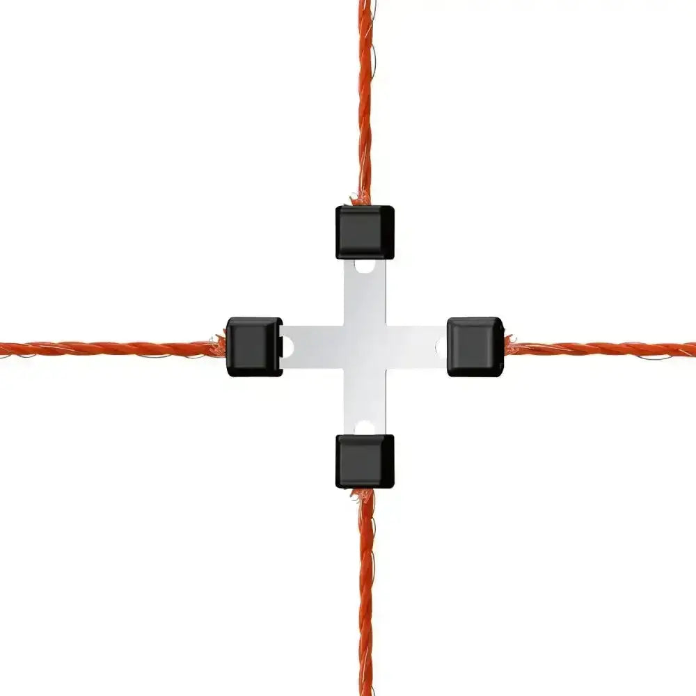 Black and silver corral wire cross-connector litzclip galvanised 3mm with four black clamps securing orange braided cord
