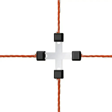 Black and silver corral wire cross-connector litzclip galvanised 3mm with four black clamps securing orange braided cord