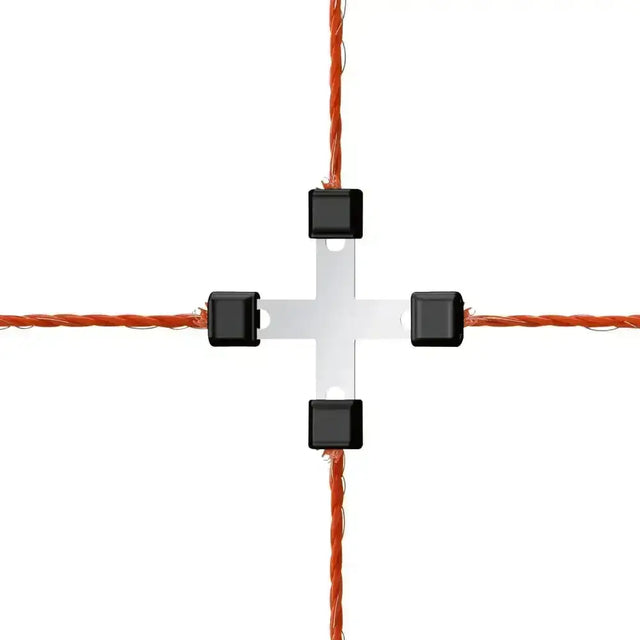 Black and silver corral wire cross-connector litzclip galvanised 3mm with four black clamps securing orange braided cord