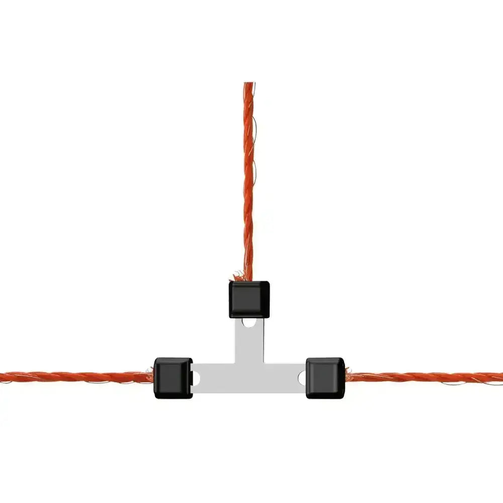 Silver corral wire t-connector litzclip galvanised 3mm with black clamps holding orange twisted cable