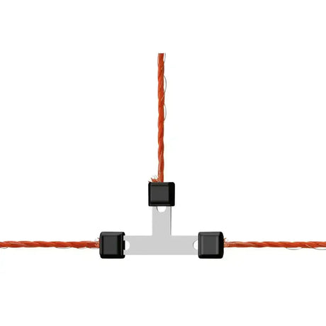 Silver corral wire t-connector litzclip galvanised 3mm with black clamps holding orange twisted cable
