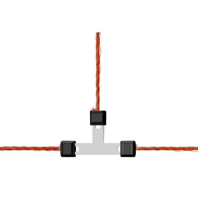 Silver corral wire t-connector litzclip galvanised 3mm with black clamps holding orange twisted cable