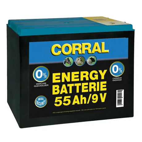 Black and teal corral zinc-carbon 55ah 9v dry battery with yellow text ideal for electric fences and dry battery standard use