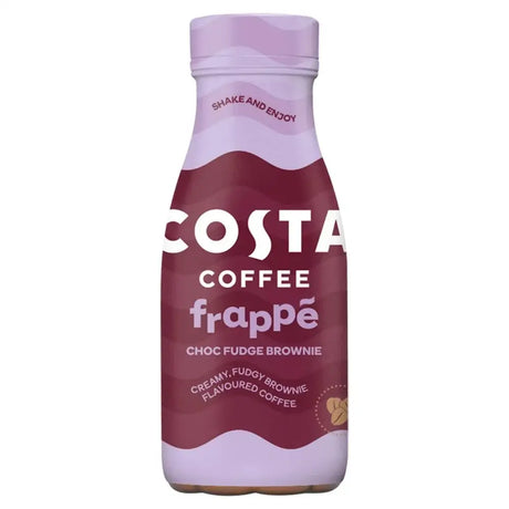 A costa frappe choc fudge brownie iced coffee in a sleek translucent bottle with a maroon lavender label perfect for jimmys iced coffee fans