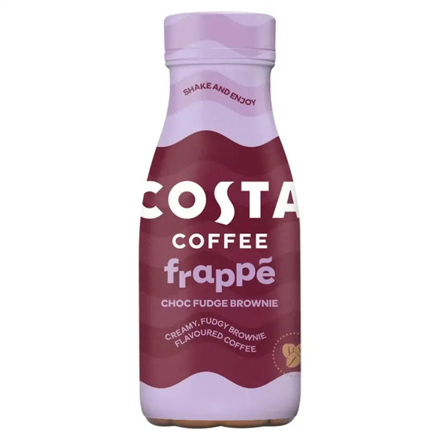A costa frappe choc fudge brownie iced coffee in a sleek translucent bottle with a maroon lavender label perfect for jimmys iced coffee fans