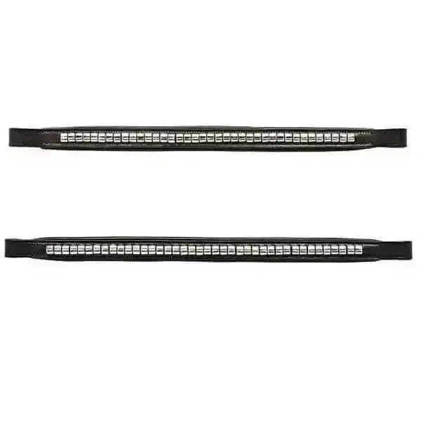 Black leather cottage craft browbands silver clincher browband with clear faceted rhinestones on browband