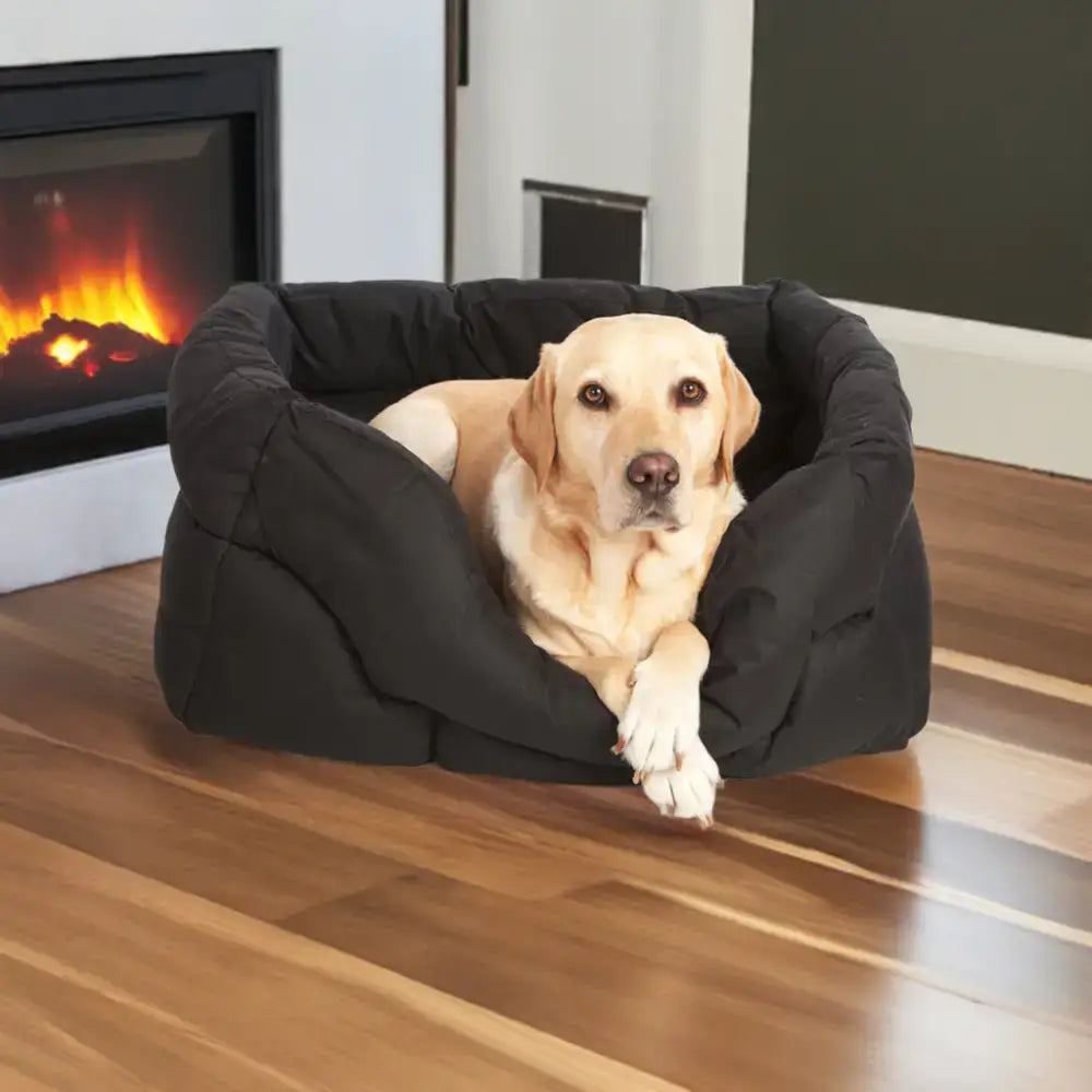 Black plush heavy duty rectangular high sided waterproof dog beds with cushioned design and soft fabric lining