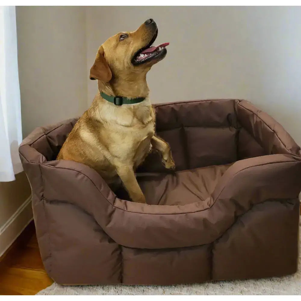 Brown plush heavy duty rectangular high sided waterproof dog bed with quilted cushioned design for cozy pets
