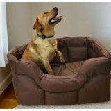 Brown plush heavy duty rectangular high sided waterproof dog bed with quilted cushioned design for cozy pets