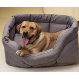 Cozy gray fabric heavy duty rectangular high sided waterproof dog bed with cushioned raised edge and quilted design