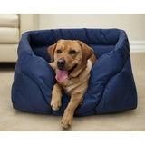 A cozy navy blue heavy duty rectangular dog bed with high sided waterproof quilted plush design for pets