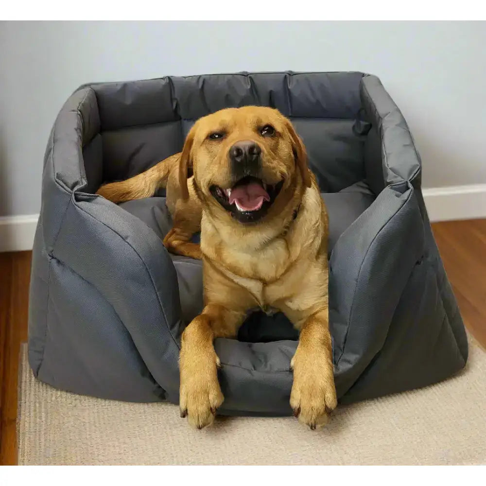 Gray heavy duty rectangular high sided waterproof dog bed with padded sides and cozy interior for comfort