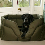 Olive green heavy duty rectangular quilted dog bed with plush cushioning and supportive high sided waterproof dog beds