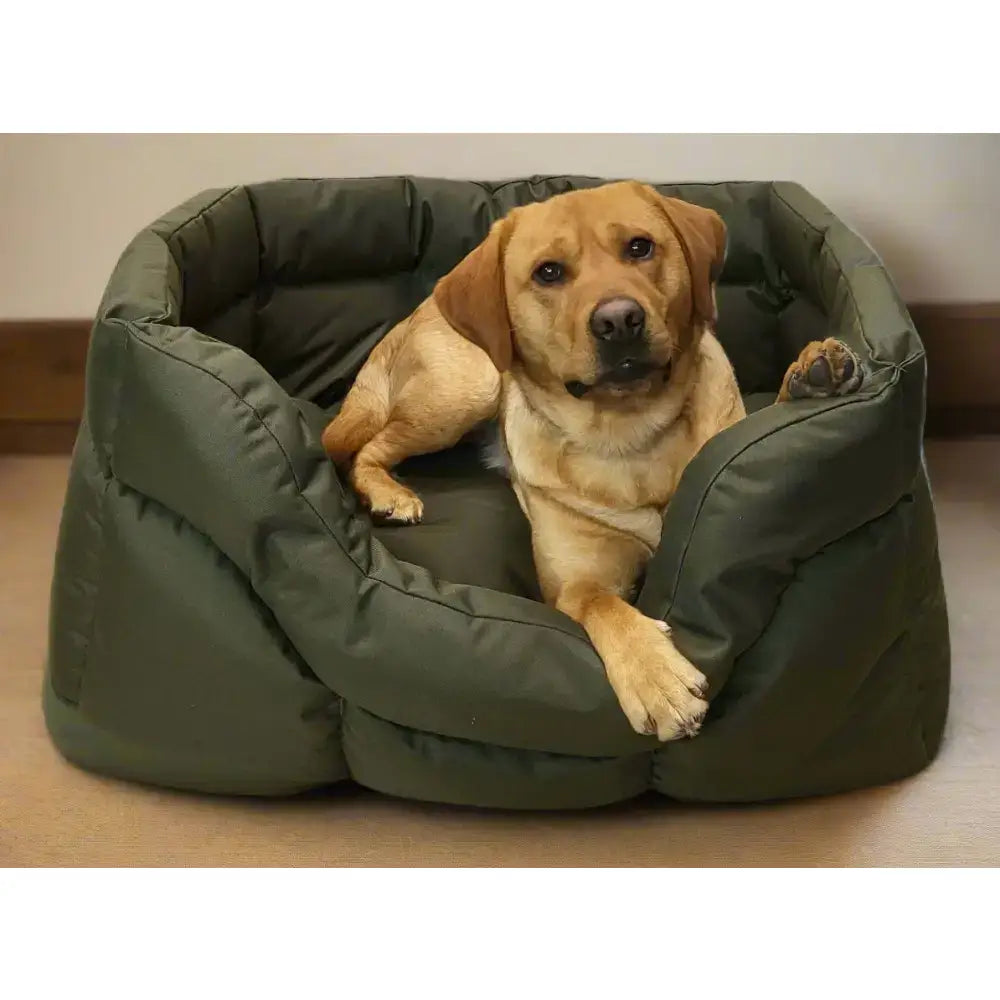 Olive green heavy duty rectangular high sided waterproof dog bed with padded plush quilted fabric and cozy interior