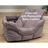 A plush taupe heavy duty rectangular dog bed with removable cushion and quilted fabric waterproof dog beds