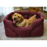 A plush deep maroon heavy duty rectangular high sided waterproof dog bed with quilted design and padded edges