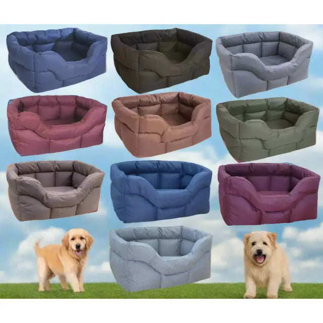 Soft quilted heavy duty rectangular high sided waterproof dog beds in blue gray pink and brown from country dog